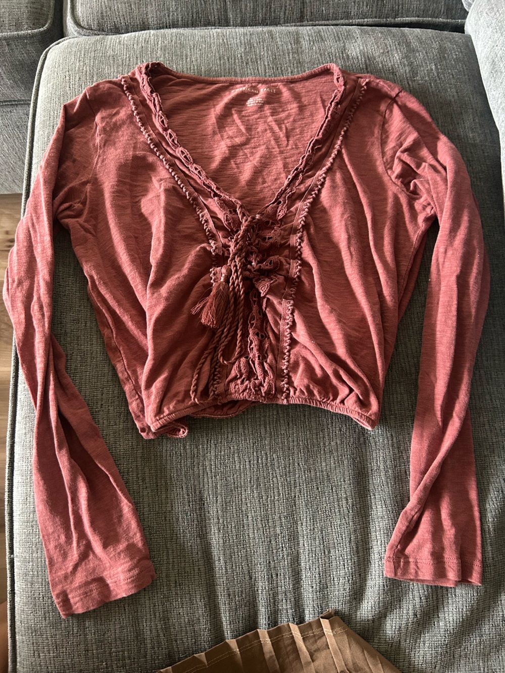 American Eagle Outfitters Rust Red Lace-Up Long Sleeve Top